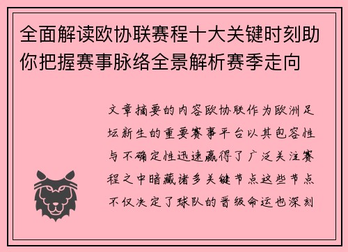 全面解读欧协联赛程十大关键时刻助你把握赛事脉络全景解析赛季走向